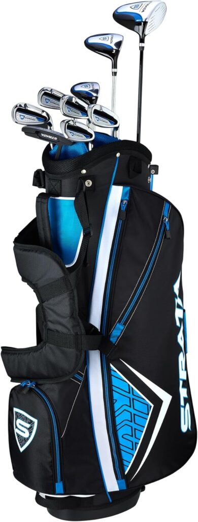 Complete Callaway Golf Strata set featuring a lightweight stand bag filled with a driver, fairway wood, hybrid, irons, wedges, and a putter, with matching headcovers.