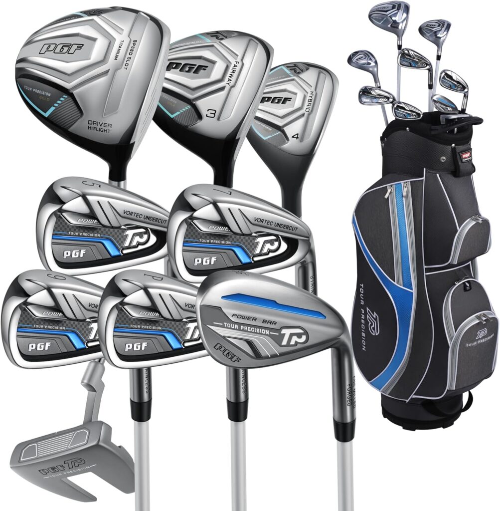 Complete PGF Gold Tour Precision golf club package set arranged inside a premium black, charcoal grey, and gold cart bag. The set includes a driver, fairway woods, and hybrids protected by black headcovers featuring white 'TP' branding, alongside a set of cavity-back irons and wedges with polished chrome finishes. The bag features multiple zippered pockets, gold trim highlights, and a sturdy base.