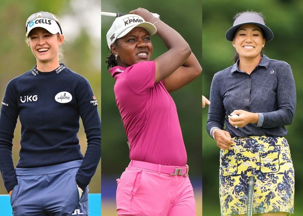 Collection of colorful golf dresses displayed showing various styles and fits for women golfers