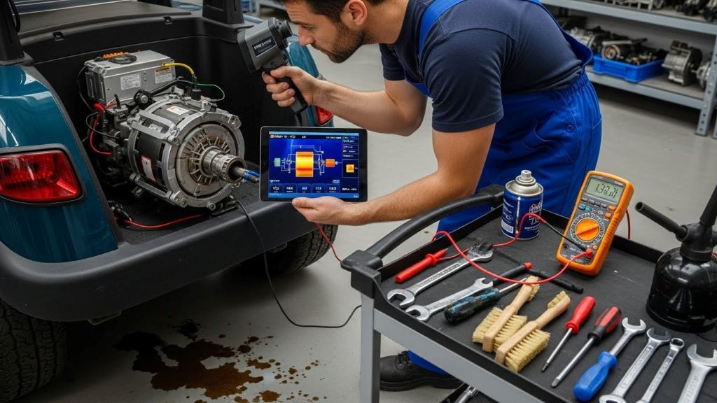 Technician inspecting overheated electric golf cart motor with diagnostic tools and cleaning equipment nearby