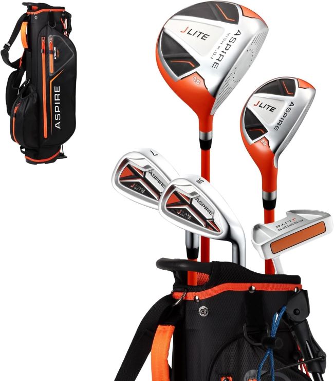 Aspire X-Lite junior golf club set with driver, hybrid, irons, and stand bag for kids