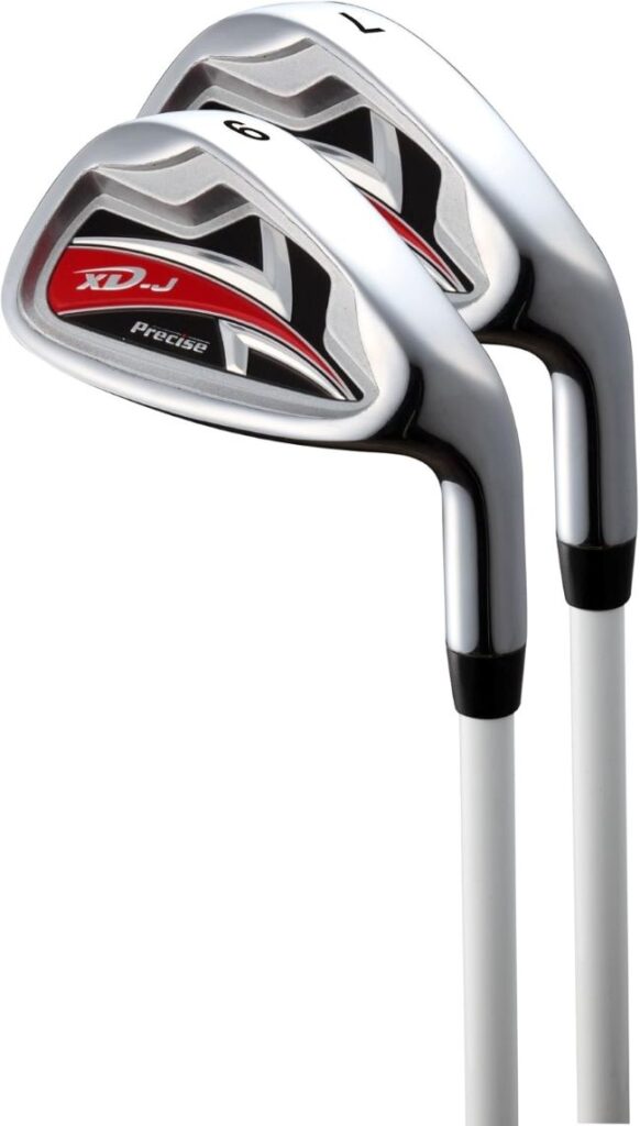 Precise XD-J junior golf clubs featuring flex shafts and dual headcovers for children