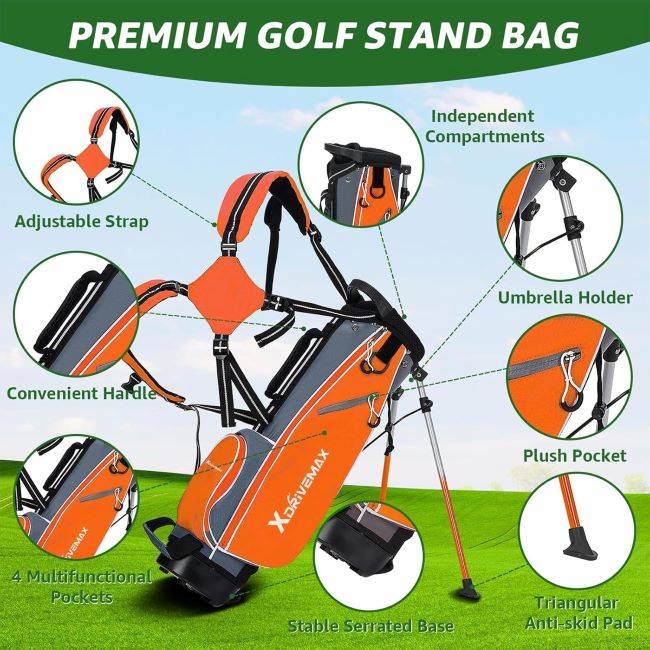 XDriveMax 5/6 piece kids golf set including driver, irons, and putter