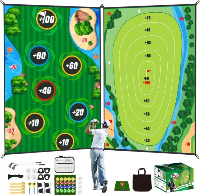AETISY Golf Chipping Game Mat with 54-Piece Set – Double-sided 6x5 ft mat for backyard or indoor chipping games, for adults and kids.