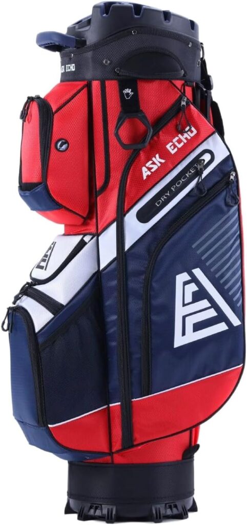 ASK ECHO T-Lock golf cart bag navy blue with 14-way divider top and rain cover