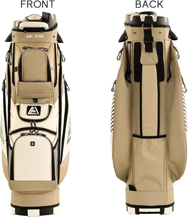 ASK ECHO T-Lock golf cart bag toasted almond color with organizer dividers and handles