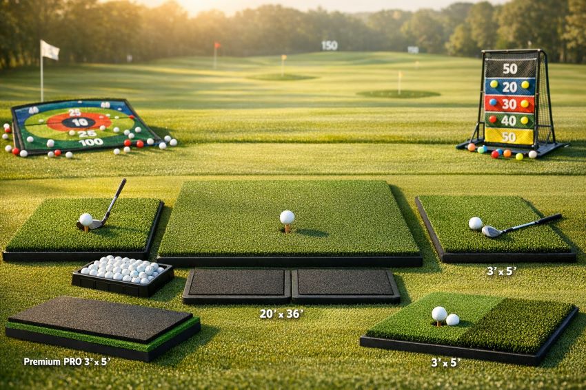 Comparison of affordable golf practice mats for simulator, chipping, and backyard indoor outdoor training.