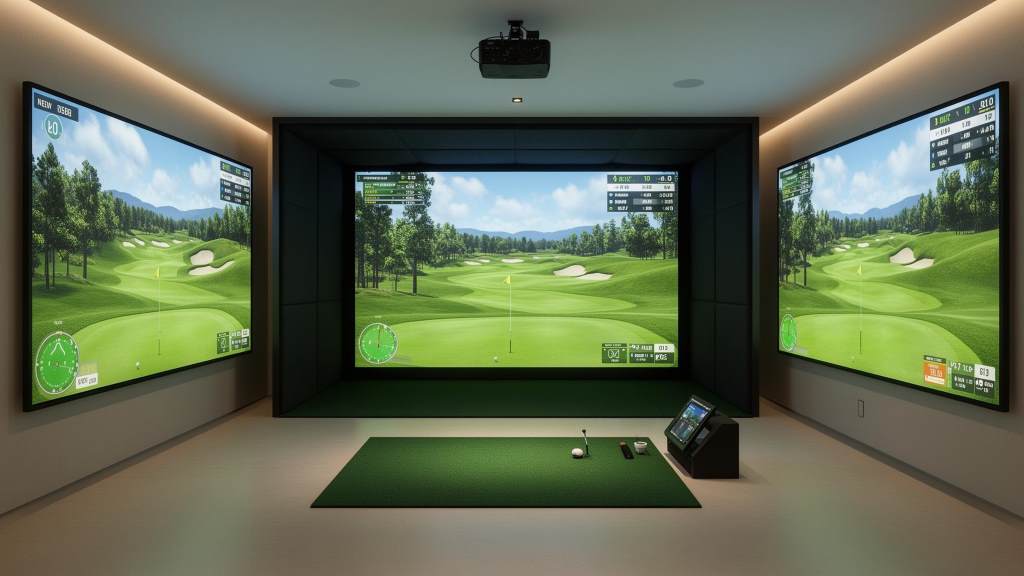 Home golf simulator setup with laptop and projector screen