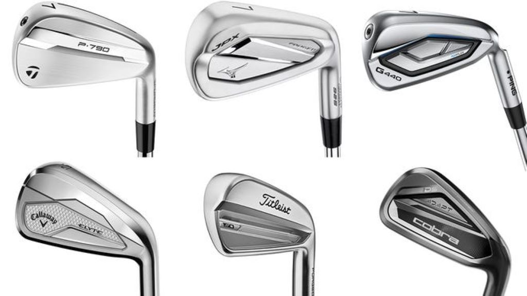 Set of golf irons arranged on a golf course fairway for accuracy and distance practice.