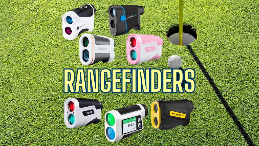 Golfer using a laser rangefinder to measure distance to the flag on a green.
