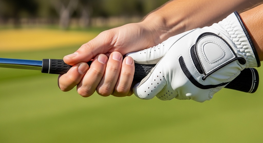 Close-up of a correct interlocking golf grip and hand placement on a club.