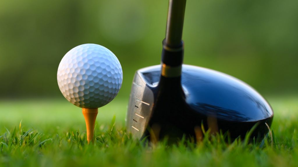 Wooden and plastic golf tees placed on green grass ready for a tee-off shot.