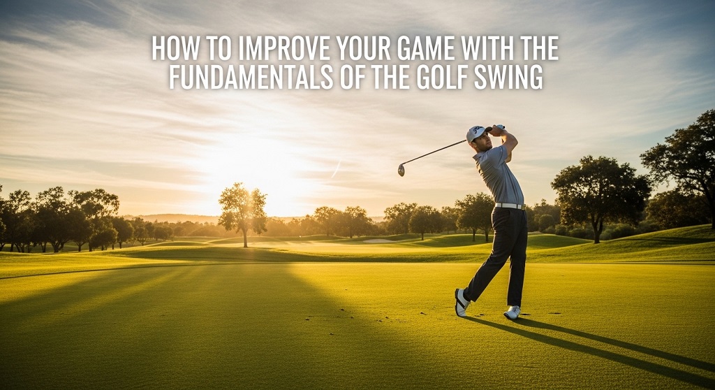 Professional golfer performing a backswing on a course with title text for golf swing fundamentals.