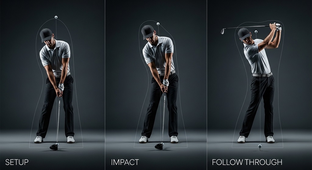 Side-view diagram showing the proper swing plane and impact position for a golf swing.