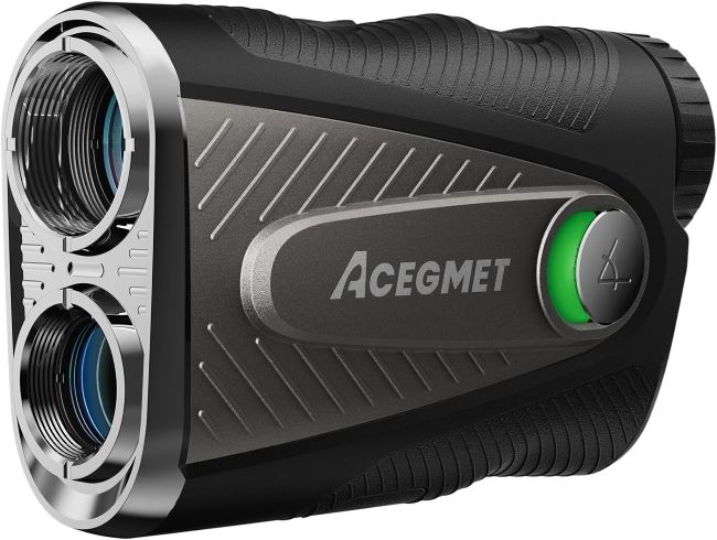 ACEGMET golf rangefinder with fast flag-lock vibration, slope mode, and red/black display for precise yard measurements