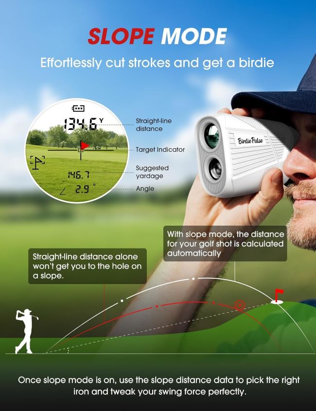 BIRDIEPULSE golf rangefinder with slope, magnetic mount, and flag-lock vibration for accurate distance measurement on course