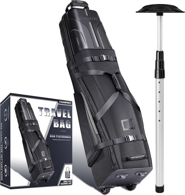 CHAMPKEY hard shell golf travel bag with lock system and oversized wheels for secure club protection