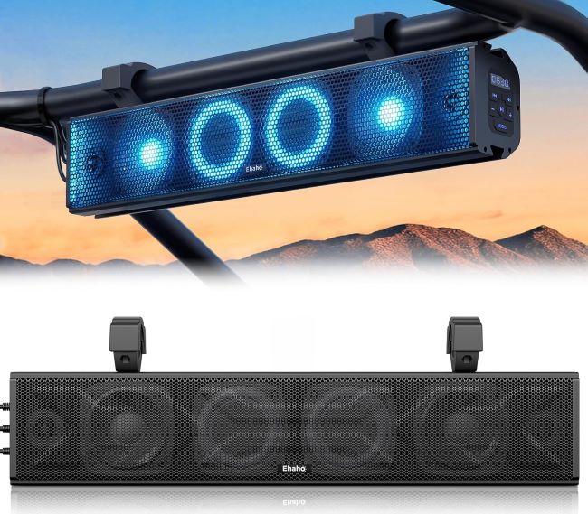 Ehaho UTV sound bar with Bluetooth, RGB lighting, waterproof build, and powerful audio for golf carts and outdoor vehicles
