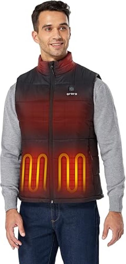 ORORO lightweight heated vest for men with USB-C rechargeable battery providing warmth outdoors