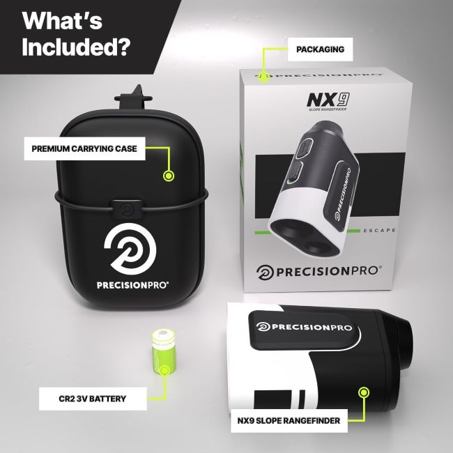 Precision Pro NX9 golf rangefinder with slope switch, 6X magnification, and magnetic cart mount for tournament play