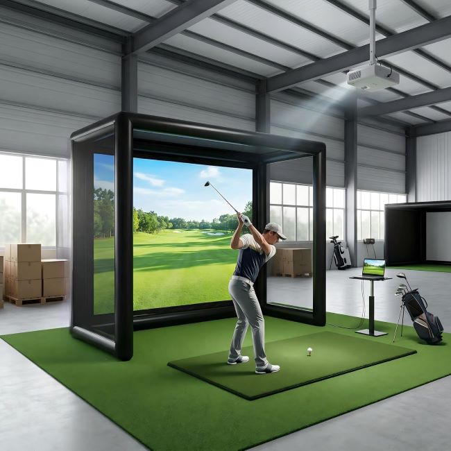 AIRMAT FACTORY inflatable golf simulator enclosure with projection screen, designed for indoor or outdoor golf practice and simulation setup