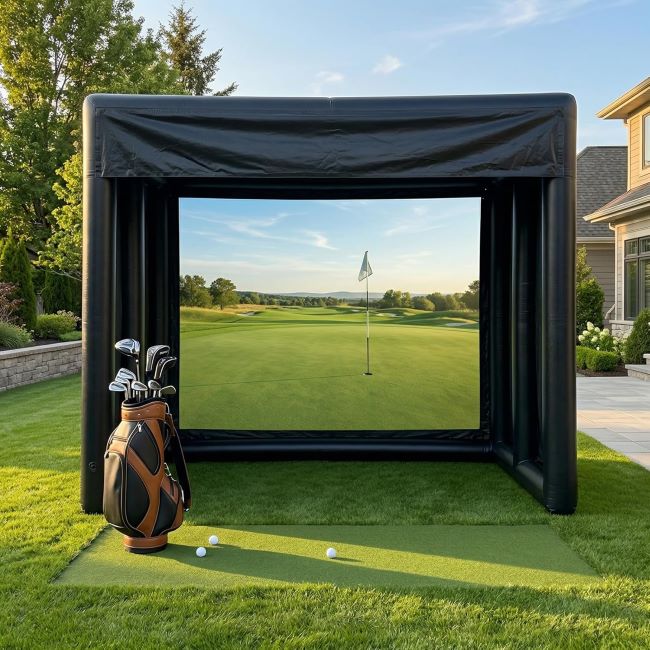 AIRMAT FACTORY portable inflatable golf simulator tent (10x13 ft) with projection screen for home, garage, or outdoor golf practice sessions