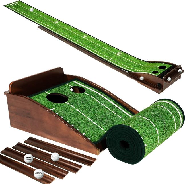 Dachenus indoor putting green mat with automatic ball return system, designed for home, office, and outdoor golf practice