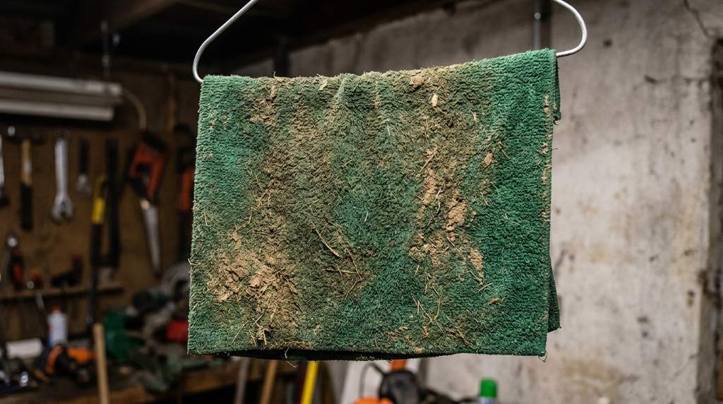 Freshly washed golf towel hanging to dry in the sun