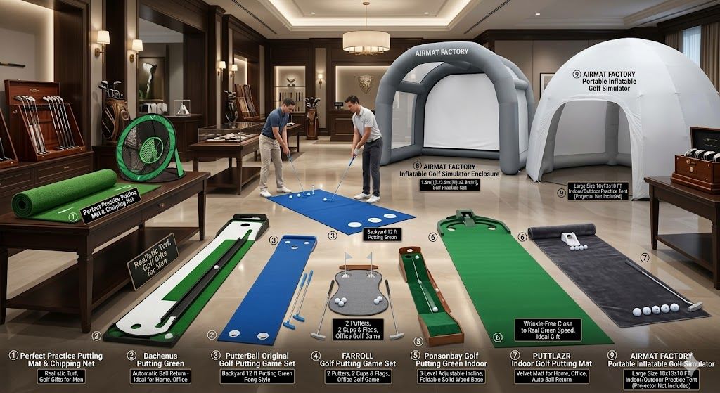 Indoor golf putting mat setup in Colorado home, showing alignment guides and practice ball return system for accuracy training
