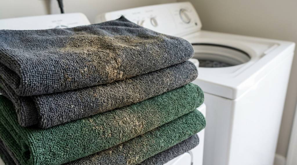 Golf towel soaking in a basin with vinegar and baking soda