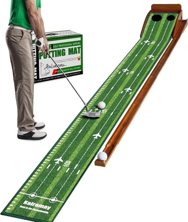 Kalramay indoor putting green mat with automatic ball return, wrinkle-free design, and realistic speed for home or office golf practice