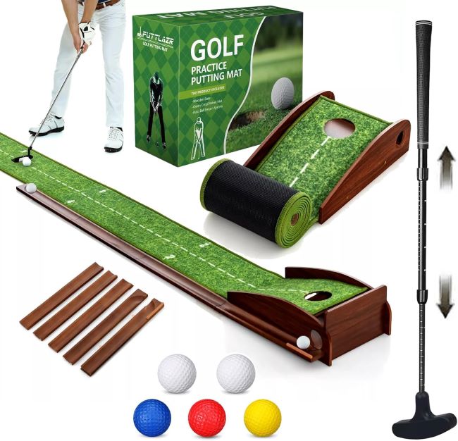 PUTTLAZR indoor golf putting mat set with putter and balls, velvet surface, and automatic ball return system for home training