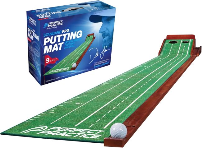 Perfect Practice putting mat with chipping net, realistic turf surface, and indoor/outdoor golf training setup for home or office use