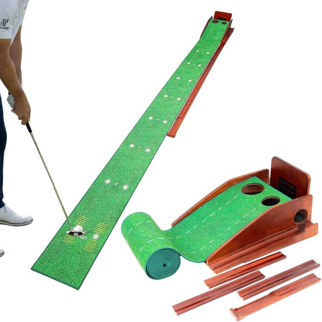 Ponsonbay adjustable incline indoor putting green with auto ball return, foldable wooden base, and realistic practice surface for golfers