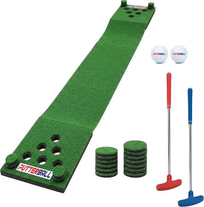 PutterBall original golf putting game set with 12 ft putting green, two putters, balls, and hole covers for backyard fun and training