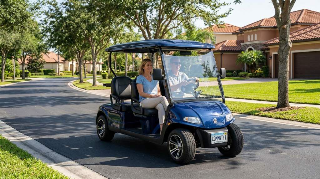Street-legal golf cart parked in a gated community driveway