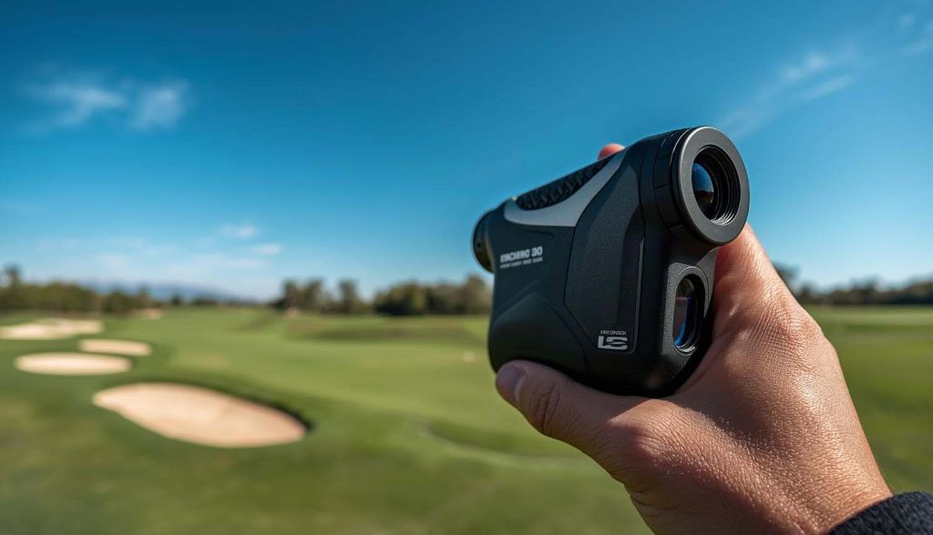 Golfer using a laser rangefinder on a golf course to measure distance to the flag