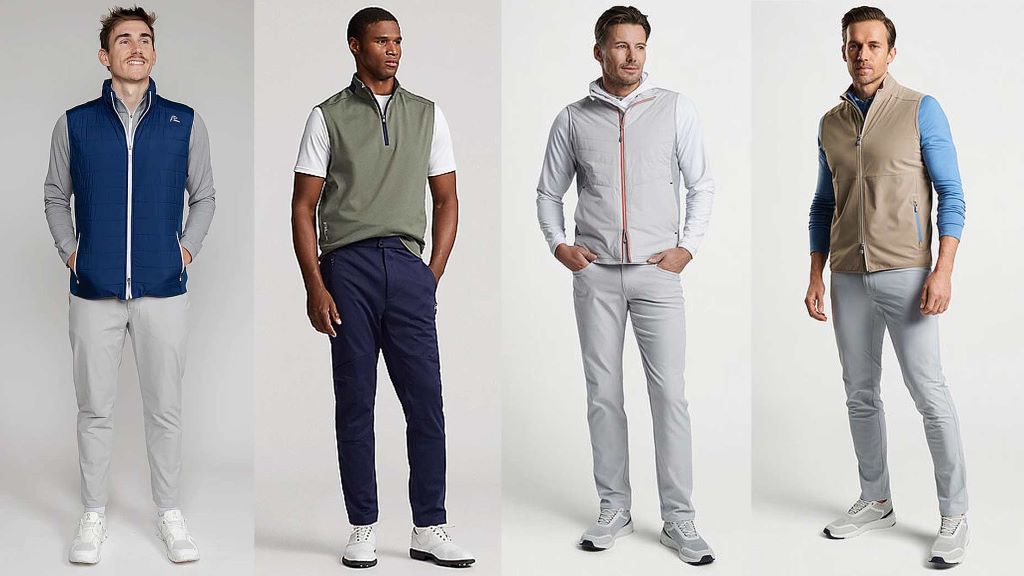 Player on golf course layering a vest for comfort and protection against changing weather conditions