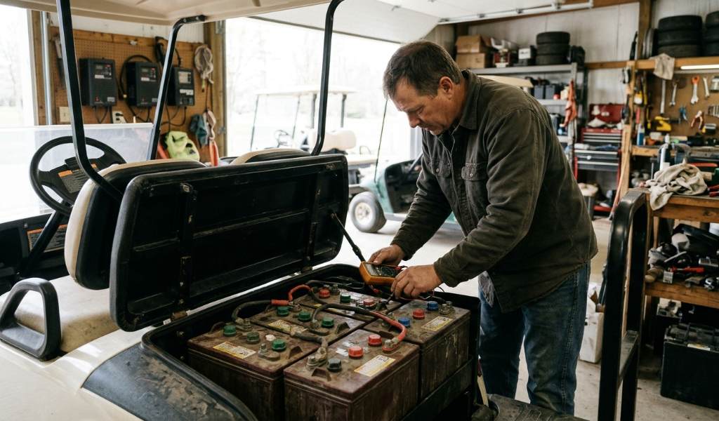 Golf cart battery pack showing six lead-acid cells under the seat