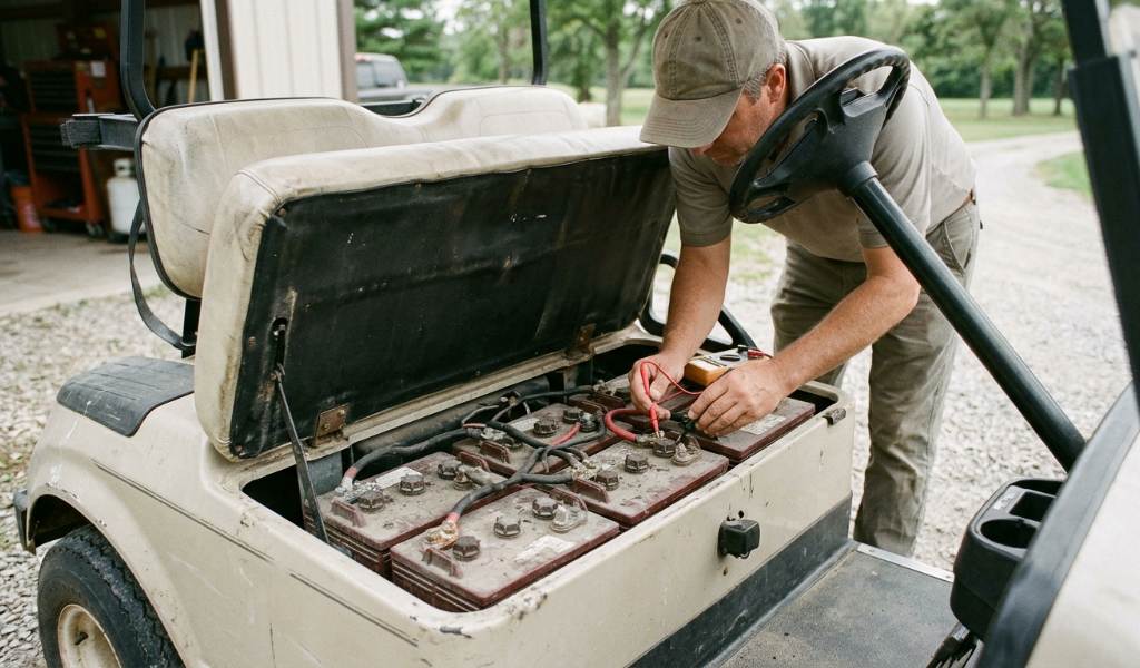 Golf cart charging station with cable connected to battery bank